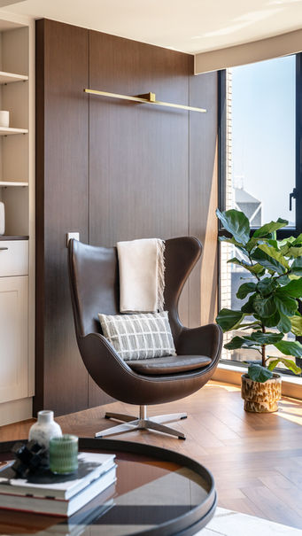 Living Room Design, wall pendant, French interior style, chevron floor, wainscot panel, moulding trim, glass coffee table, timber panel, white designer area rug, indoor plants, Residential interior design, Dynasty Court