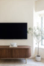 Modern living room with a wall-mounted TV, wooden console holding a vase on a book, and a potted plant by a window. Neutral tones.
