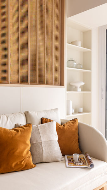 living room design, timber panel, white colour scheme, beige leather sofa, natural wood floor, white curtains, display shelves, Residential interior design, Cavendish Heights